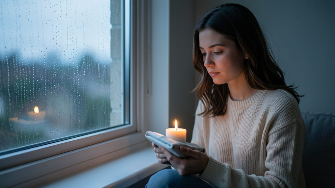 Une jeune femme pensive assise près d’une fenêtre pluvieuse, tenant une bougie éteinte et un souvenir plié, dans une atmosphère calme propice à la réflexion et à la guérison émotionnelle.