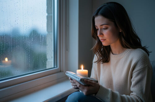 Une jeune femme pensive assise près d’une fenêtre pluvieuse, tenant une bougie éteinte et un souvenir plié, dans une atmosphère calme propice à la réflexion et à la guérison émotionnelle.