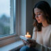 Une jeune femme pensive assise près d’une fenêtre pluvieuse, tenant une bougie éteinte et un souvenir plié, dans une atmosphère calme propice à la réflexion et à la guérison émotionnelle.