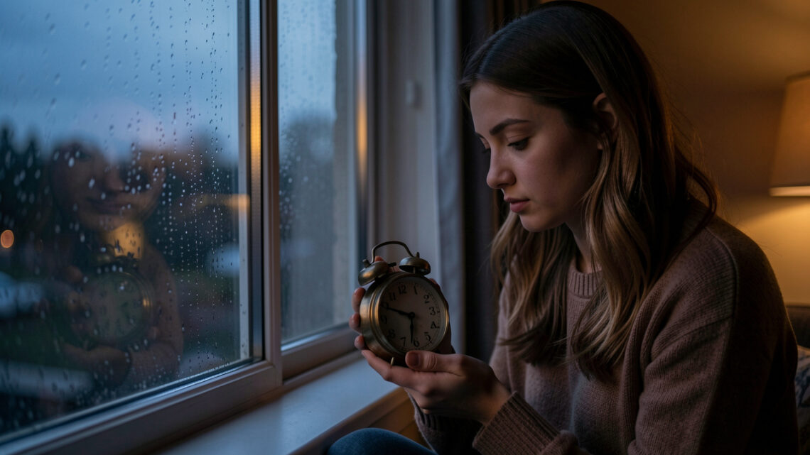 Une jeune femme pensive tient une petite horloge ancienne sans chiffres près d’une fenêtre pluvieuse, dans une ambiance de soirée mélancolique.