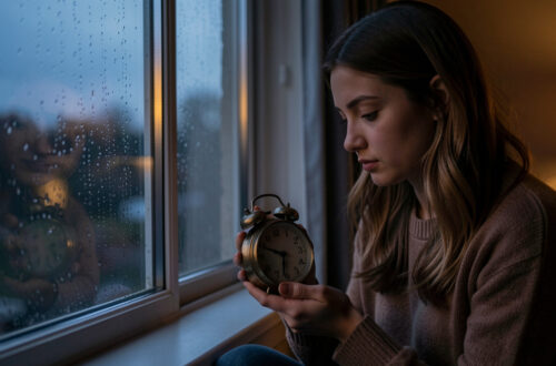 Une jeune femme pensive tient une petite horloge ancienne sans chiffres près d’une fenêtre pluvieuse, dans une ambiance de soirée mélancolique.