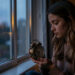 Une jeune femme pensive tient une petite horloge ancienne sans chiffres près d’une fenêtre pluvieuse, dans une ambiance de soirée mélancolique.