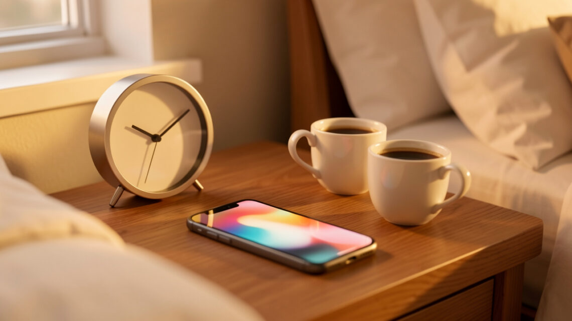 Nature morte intime avec une horloge analogique aux aiguilles symétriques, deux tasses et une lumière douce évoquant la pensée d’une personne chère.
