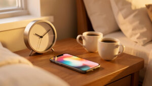 Nature morte intime avec une horloge analogique aux aiguilles symétriques, deux tasses et une lumière douce évoquant la pensée d’une personne chère.