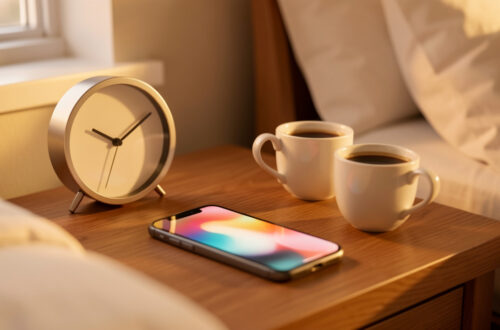 Nature morte intime avec une horloge analogique aux aiguilles symétriques, deux tasses et une lumière douce évoquant la pensée d’une personne chère.