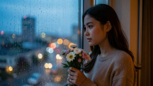 Une jeune femme pensive regarde par une fenêtre sous la lumière bleutée du soir, un bouquet de fleurs à la main, évoquant l’attente amoureuse et les pensées tournées vers quelqu’un.