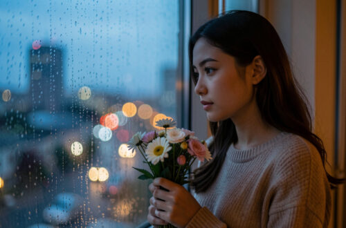Une jeune femme pensive regarde par une fenêtre sous la lumière bleutée du soir, un bouquet de fleurs à la main, évoquant l’attente amoureuse et les pensées tournées vers quelqu’un.