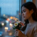 Une jeune femme pensive regarde par une fenêtre sous la lumière bleutée du soir, un bouquet de fleurs à la main, évoquant l’attente amoureuse et les pensées tournées vers quelqu’un.