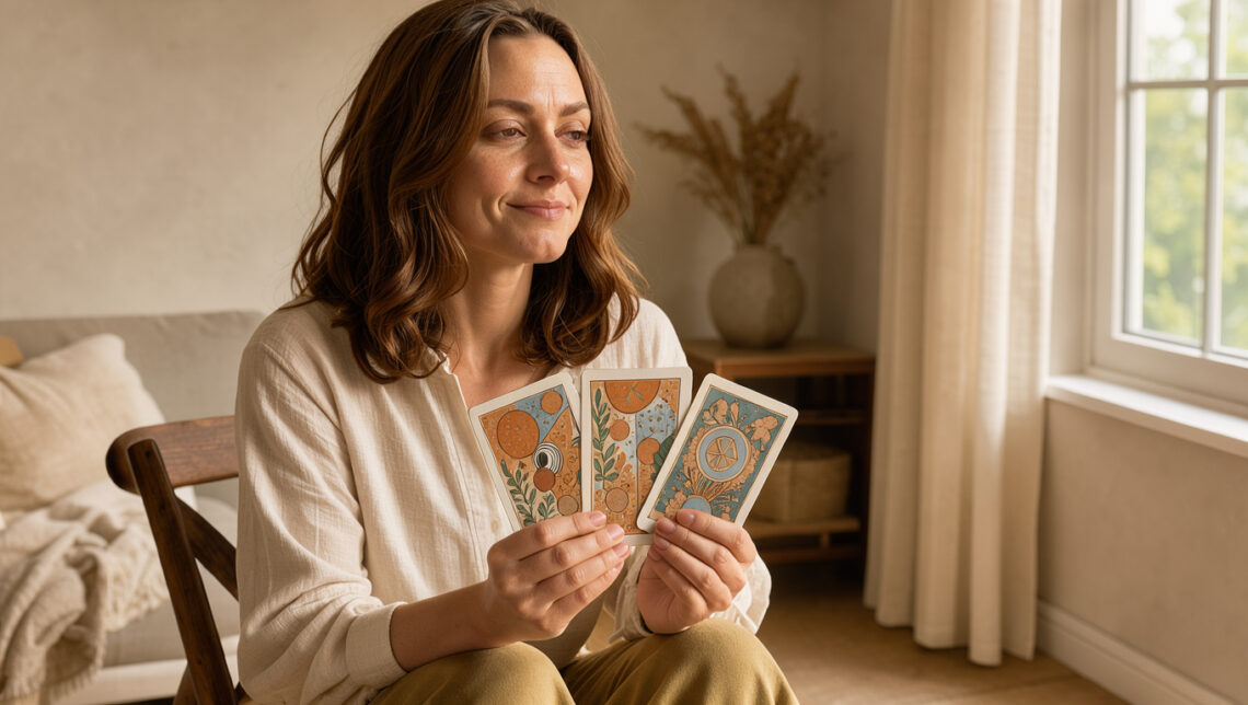 Femme assise près d’une fenêtre lumineuse tenant quelques cartes illustrées dans une ambiance calme et apaisante.