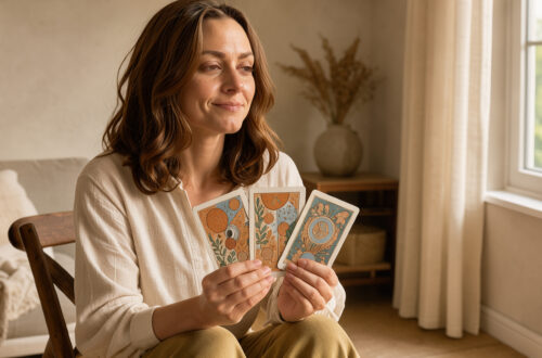 Femme assise près d’une fenêtre lumineuse tenant quelques cartes illustrées dans une ambiance calme et apaisante.