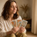 Femme assise près d’une fenêtre lumineuse tenant quelques cartes illustrées dans une ambiance calme et apaisante.