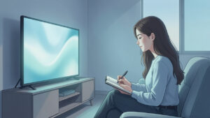 Illustration éditoriale apaisante d’une femme prenant des notes devant un écran de télévision dans une pièce baignée de lumière douce et de tons bleus.