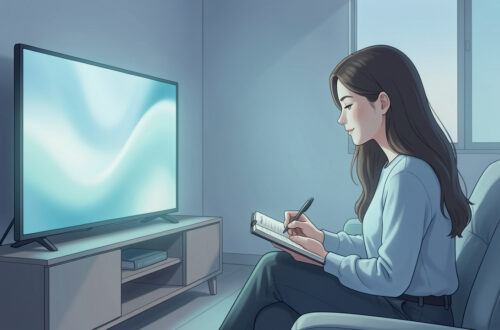 Illustration éditoriale apaisante d’une femme prenant des notes devant un écran de télévision dans une pièce baignée de lumière douce et de tons bleus.