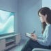 Illustration éditoriale apaisante d’une femme prenant des notes devant un écran de télévision dans une pièce baignée de lumière douce et de tons bleus.